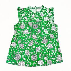 J, Crew Green Flutter Sleeve Printed Short Sleeve Blouse Size Medium